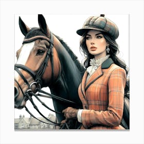 British Lady By Her Horse Color Detail Drawing Canvas Print