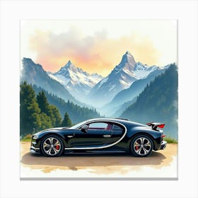 Bugatti La Voiture Noire With A Vivid Watercolor Mountain View, No Logo Or Signature 1 Canvas Print