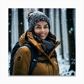 Woman in down jacket in a snowy wood Canvas Print