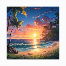 Tropical Beach Sunset With Lush Palm Trees and Serene Ocean Waves Canvas Print