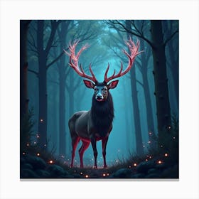 A Majestic Stag With Antlers Of Radiant, Bioluminescent Patterns Standing In A Surreal Forest 1 Canvas Print