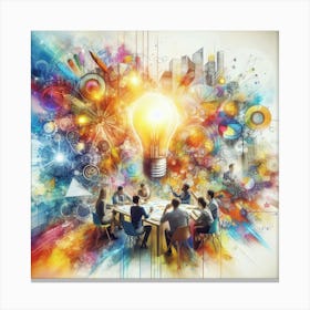 A group of people are sitting around a table having a meeting. They are all looking at a light bulb that is on the table. The light bulb is surrounded by colorful gears, representing the different ideas that are being discussed. The people are all wearing different colored clothes, representing the different perspectives that are being brought to the table. The background is a bright, colorful blur, representing the energy and excitement of the meeting. The image captures the essence of brainstorming and idea generation. Canvas Print