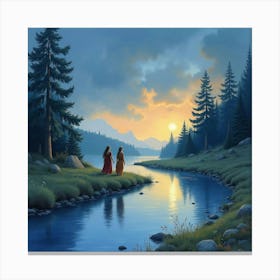 Watercolor Scene Of Elves Walking Along A Riverside Under Twilight Canvas Print