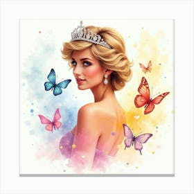 Radiant Princess Diana With Colorful Butterfly Watercolor Fluttering Canvas Print