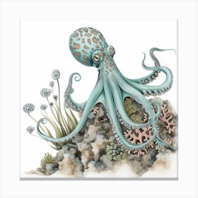 Storybook Style Octopus With Plants 1 Canvas Print