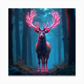 A Majestic Stag With Antlers Of Flowing, Neon Patterns Standing In A Dreamlike Forest 1 Canvas Print