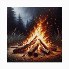 Warmth and Wonder: A Realistic Painting of a Campfire with Flames, Sparks, Smoke, and Stars Canvas Print