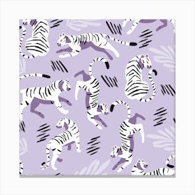 White Tiger Pattern On Pastel Purple Square Canvas Print