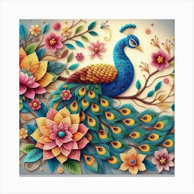 Peacock on flower branch 1 Canvas Print