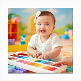 Baby Gripping A Vibrant Paint Palette Cheerful Expression As Fingers Touch A Spectrum Of Vivid Pain (3) Canvas Print