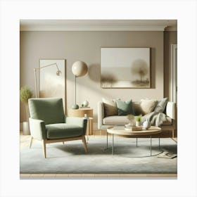 A beautiful living room with a green armchair, a sofa, a coffee table, a lamp, and a rug. The walls are painted in a light beige color and the furniture is made of wood. The room is decorated with plants and artwork. The overall effect is one of peace and tranquility. Canvas Print
