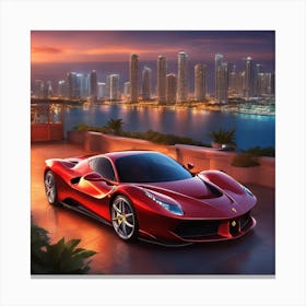 Ferrari Car Parked In Front Of Miami Skyline Canvas Print