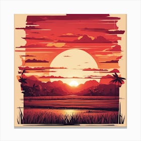 A Beautiful Sunset With A Big Red Sun Setting On The Horizon, The Sun Shines Through The Tops Of Ric Canvas Print