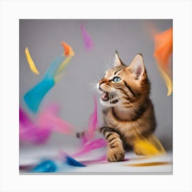 Bengal Kitten Playing With Colorful Feathers Canvas Print