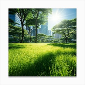 Bright Green Grass Under A Radiant Sun Swathed In Tokyo City Stands Out Against The Contrasting Sh (7) Canvas Print