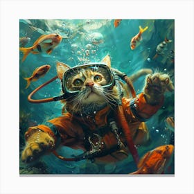 Adventurous Cat In Scuba Gear, Swimming Underwater With Colorful Fish, Playful And Curious Explorer Toile