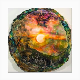 Sunset On A Slice Of Wood Canvas Print