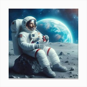 A Realistic Image Of A Man Drinking A Coke On The Moon Canvas Print