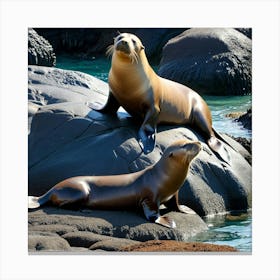 Sea Lions On Rocks Canvas Print