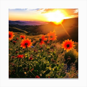 Sunset With Flowers, orange color sunset, attracting sun set , light rase of sun set , good looking sunset wall art. grate back ground Canvas Print