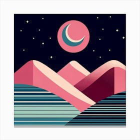 "Starry Night Over Pink Peaks"  Under the watchful eye of a crescent moon, this vibrant artwork captures the allure of pink peaks against a star-studded night sky. The bold contrast and rhythmic patterns in this piece create a dynamic visual that is both modern and timeless, perfect for infusing any room with energy and imagination. It's a striking choice for those looking to add a pop of color and a touch of nocturnal mystery to their art collection. Canvas Print