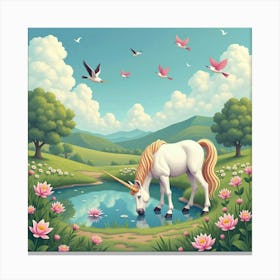 A Fanciful Unicorn Grazing Near A Pond Of Lilies, With Colorful Birds Flying Overhead Canvas Print