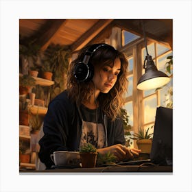 Girl Working On Her Laptop In Boho Plant Filled Room Canvas Print