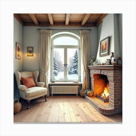 An English Home With A Cozy Fireplace And A Winter Landscape Outside, Watercolor 1 Canvas Print