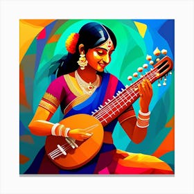 In An Oil Painting The Vibrant Essence Of A Joyous Indian Woman Playing The Sitar With Profound Enthusiasm Is Beautifully Depicted The Artwork Showcases The Woman In Meticulous Detail Exuding Pure 3 Canvas Print