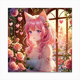 Cat Girl With Roses Canvas Print