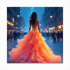 Radiant Gown In Watercolor, Set Against A Vibrant City Night 1 Canvas Print