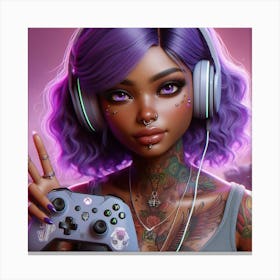 Purple Haired Girl With Headphones Canvas Print