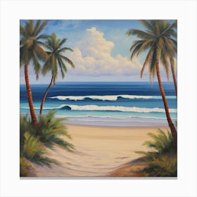 Beach Scene, A Tranquil Beach Scene With Palm Trees And Gentle Waves art print Canvas Print