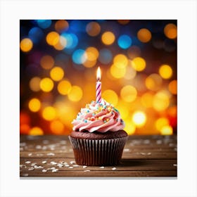 Birthday Celebration Cupcake Adorned With Vibrant Hued Frosting Single Candle Alight Casting A So (7) Canvas Print