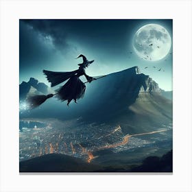 A Witch On Her Broom Flying Over Table Mountain Cape Town 1 Canvas Print