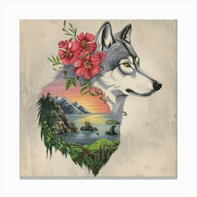 Wolf With Flowers 1 Canvas Print