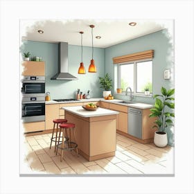 Modern Watercolor Kitchen, Bright And Homey Atmosphere 1 Canvas Print