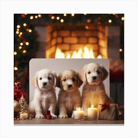 Golden Retriever Puppies In Front Of Fireplace Canvas Print