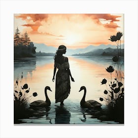 Boho art Silhouette of Lake and swans 1 Canvas Print