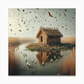 Birds Flying Over A Hut3 Canvas Print