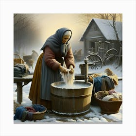 An Old Woman Washing Her Clothes In The Winter In The Style Of Renaissance Art With A Narrow Aspect Ratio 3 Canvas Print