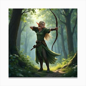 Elven Archer In Enchanted Forest With Silver Bow 1 Canvas Print