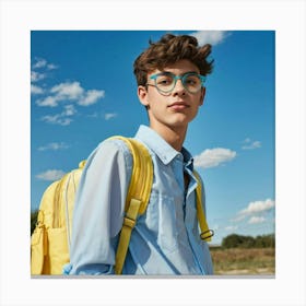 18 Year Old Boy Sporting Transparent Glasses Relaxed Posture Carrying A Light Blue Schoolbag With Canvas Print