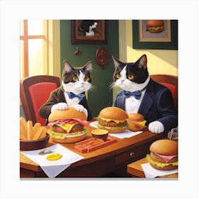 Cats Eat Burger on Table Canvas Print