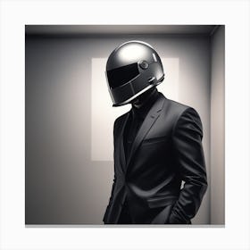 The Image Depicts A Man Wearing A Black And Grey Suit, With A Black Helmet On His Head Canvas Print