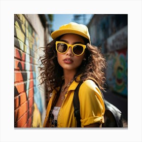 Stylish Girl Dons Cap Yellow Sunglasses Back To A Graffiti Covered Wall Casually Leaning Street Canvas Print