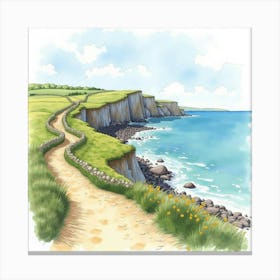 Watercolor View Of An English Seaside Cliff Walk With Scenic Ocean Views 1 Canvas Print