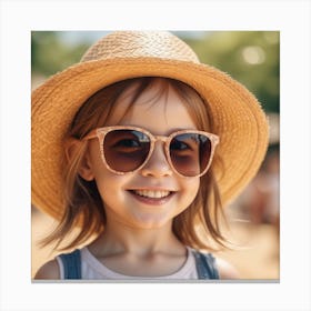 Smiling Little Girl In Straw Hat And Sunglasses 0 Canvas Print