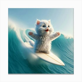Cute White Cat On A Surfboard Canvas Print