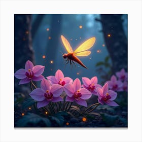 A Glowing Firefly Hovering Over A Bed Of Vibrant Orchids, In A Mystical Twilight Forest Canvas Print